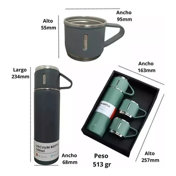 Set de Termo de Acero Inoxidable 500 ml con Triple Taza Apilable con
