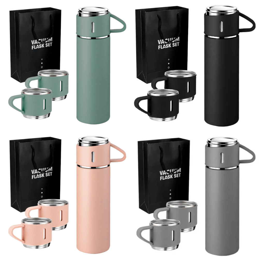 Set de Termo de Acero Inoxidable 500 ml con Triple Taza Apilable con